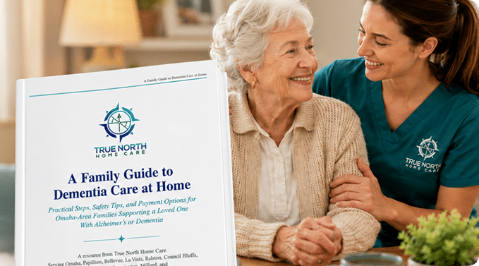 Cover of A Family Guide to Dementia Care at Home beside a caregiver and an older woman