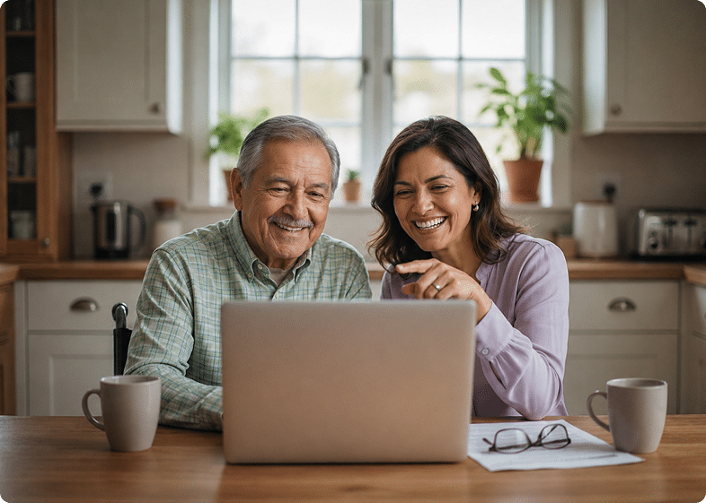 Older man and woman looking at a laptop together at a kitchen table